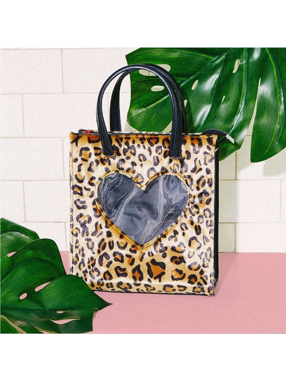 Valfre Leopard Heart Tote Bag with Black Handles